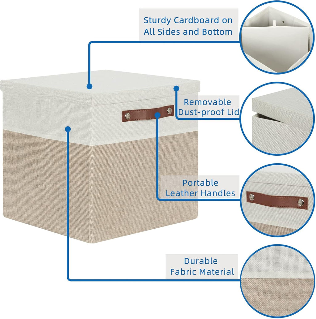 Temary Fabric Storage Bins with Lids 13 Inch Storage Cubes with Lid, Decorative Foldable Storage Boxes for Clothes, Closet Organizers (White&Khaki, 13x13x13inch)