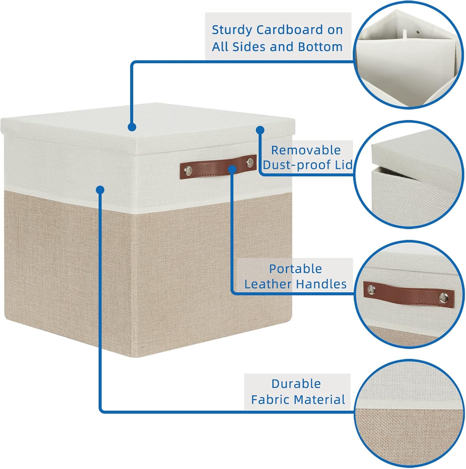Temary Fabric Storage Bins with Lids 13 Inch Storage Cubes with Lid, Decorative Foldable Storage Boxes for Clothes, Closet Organizers (White&Khaki, 13x13x13inch)