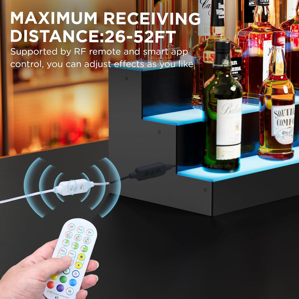 Dethan 3 Tier 16 Inch Liquor Bottle Display Shelf - Wine Racks with Multi-Color App & Remote Control, Adjustable Brightness & Sound Modes, Acrylic Bar Shelves Displays