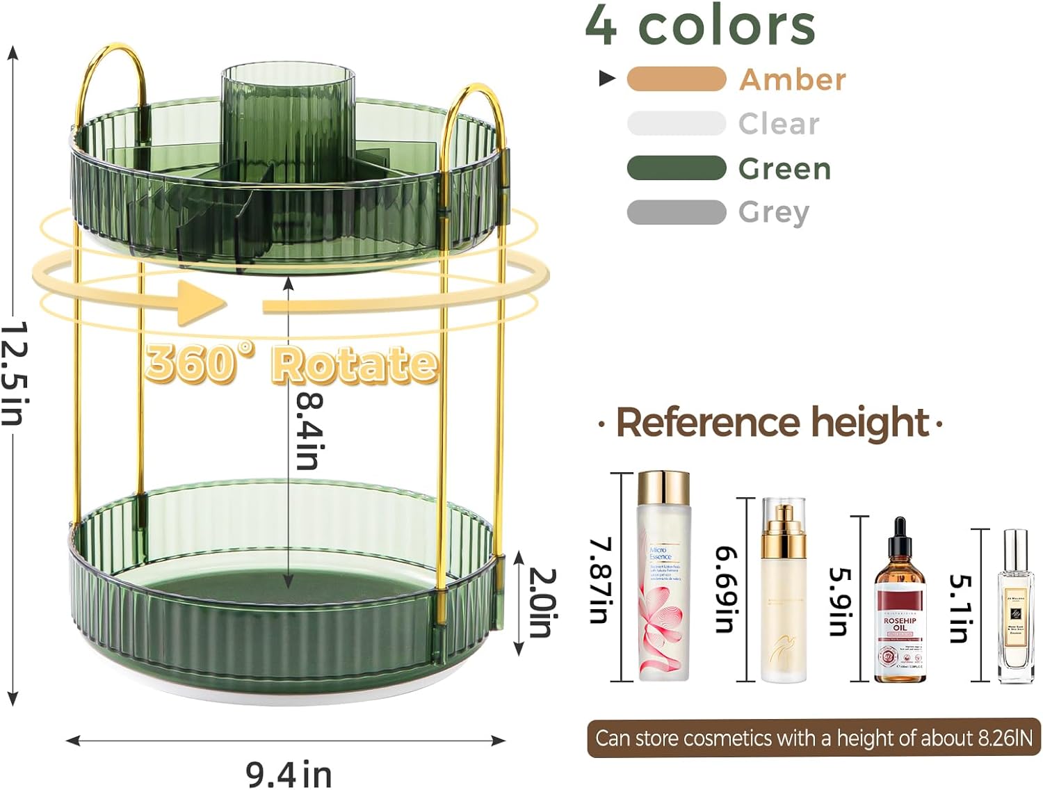 360° Rotating Makeup Organizer, Upgraded 2 Tier Skincare Perfume Organizers for Women, Bathroom Organizer Countertop, Clear Cosmetic Dresser Organizer with Makeup Brush Holder, Sink&Counter (Green)