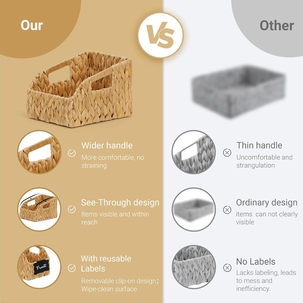 Pantry Organizers, Wicker Baskets for Organizing with Handles, Handwoven Wicker Storage Basket, Water Hyacinth Storage Bins Baskets for Shelves, Boho Decoration, 3 Pack,Natural