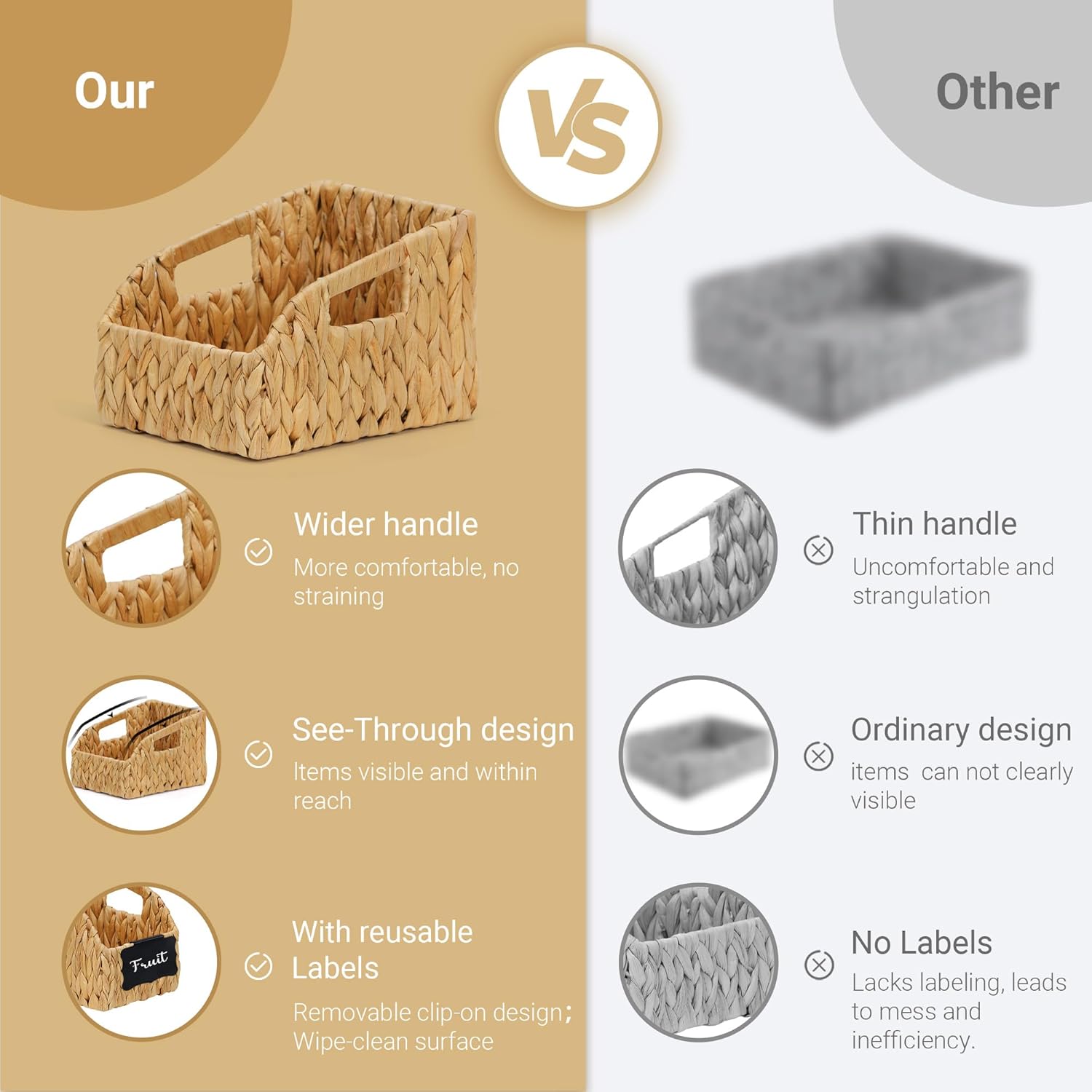 Wicker Baskets for Organizing,Pantry Baskets with Built-in Handles, Handwoven Wicker Storage Basket, Water Hyacinth Storage Bins for Shelves, 3 Pack, Natural 2 Set