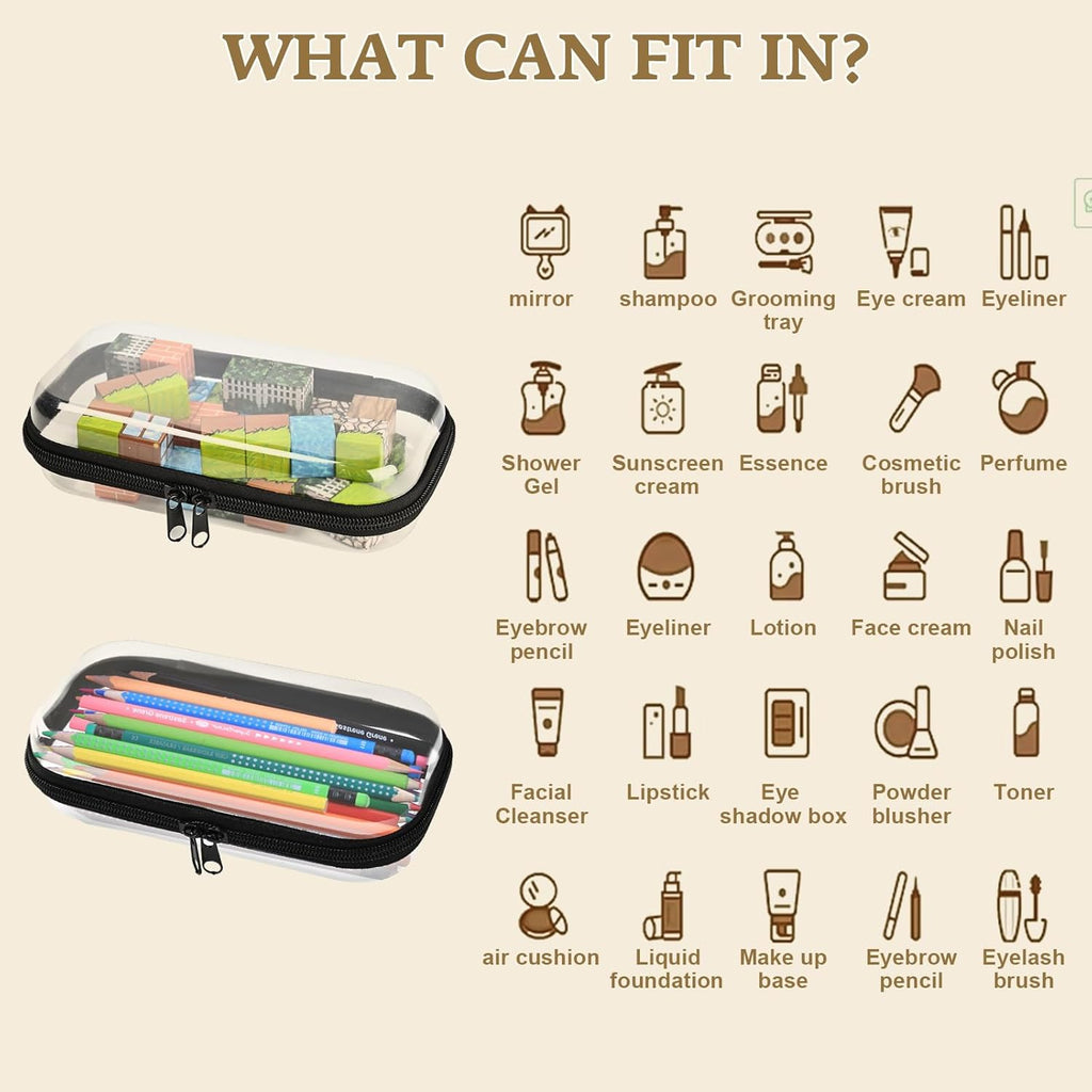 2PCS Zippered Hard Pouch Double,Portable Waterproof Cosmetic Bag with Zipper,DIY Storage Organizer Bins,Hard Plastic Case,Clear Zipper Bags for Organizing,Pencil Case