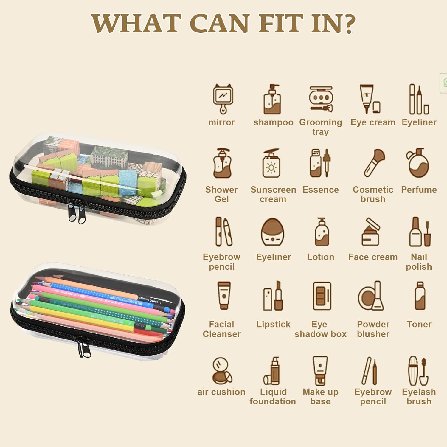 2PCS Zippered Hard Pouch Double,Portable Waterproof Cosmetic Bag with Zipper,DIY Storage Organizer Bins,Hard Plastic Case,Clear Zipper Bags for Organizing,Pencil Case