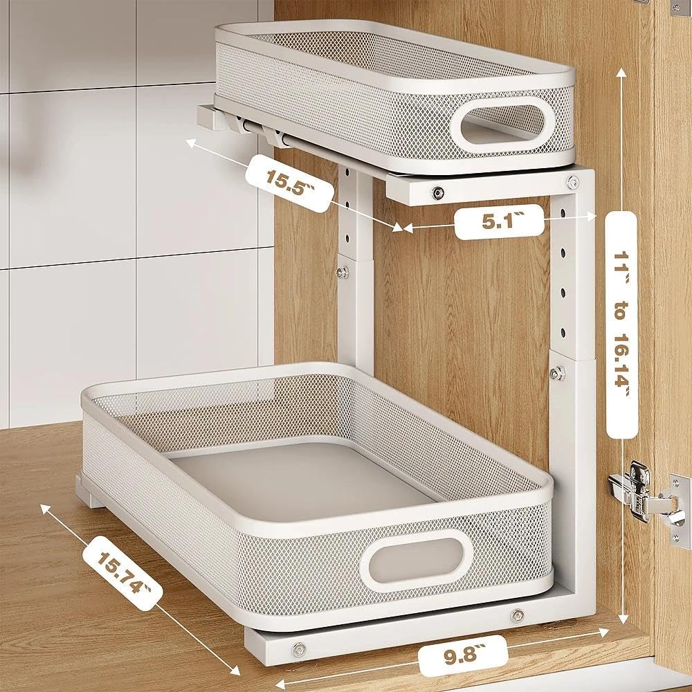 1 Pack 15.7IN-Depth Under Sink Organizer With Smooth Cylindrical Rail,2-Tier Pull Out Multi-Purpose Cabinet Storage for Bathroom&Kitchen,Height Adjustable,Rust-resistant Coating-White