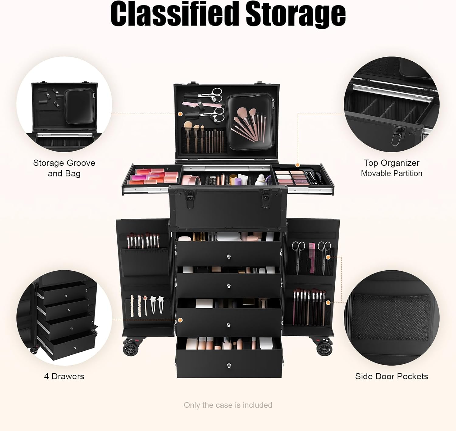 Cosmetic Train Case,Makeup Organizer Travel Case with Multiple Compartments,Rolling Makeup Case,Professional Makeup Casewith Wheels for Make-up Artists,66Lbs Load-Bearing (Black-6 Wheels)