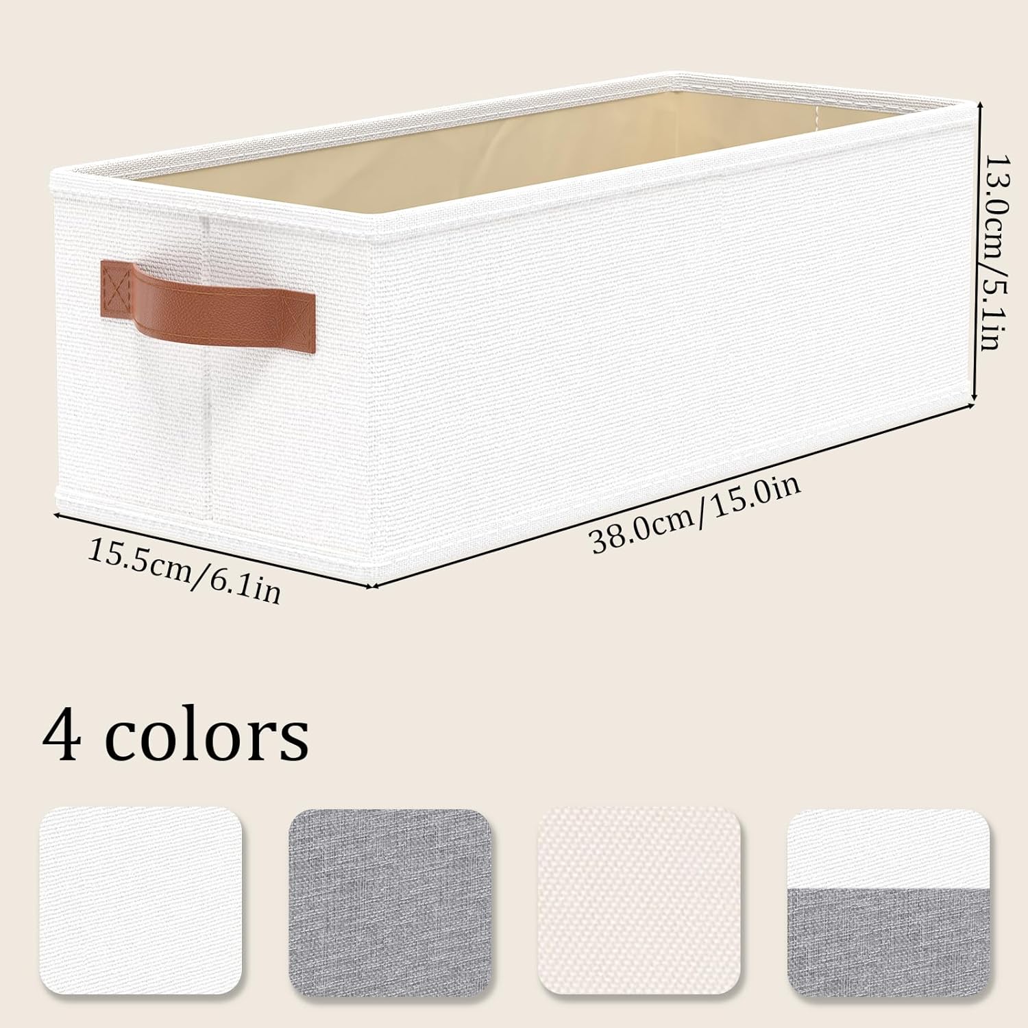 OUTBROS Storage Boxes, Fabric Bins With Handles, Foldable Baskets for Organizing, For bedrooms, living rooms, Shelves, White, 15 x 6.1 x 5.1 inch, 6-Pack