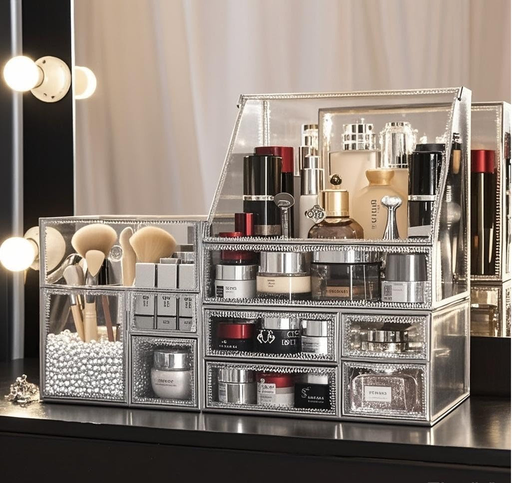 Hersoo Glass Makeup Organizer for Vanity/Stackable 2Pieces Drawer Set/Antique Countertop Vanity Cosmetic Storage Box Mirror Glass Beauty Display, Holder for Brushes Lipsticks Skincare Toner (Silver)