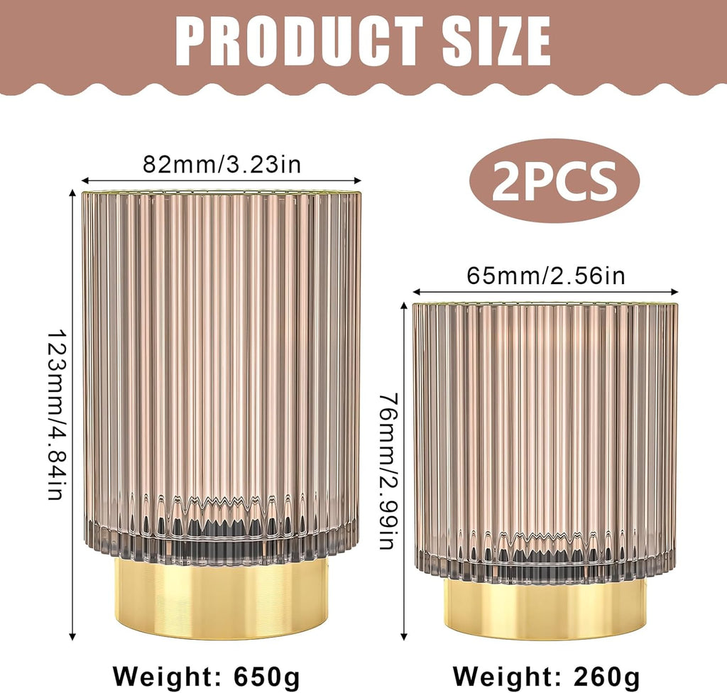 Makeup Brush Holder Organizer, Heavy Crystal Glass Brush Storage Holder, Vintage Cosmetic Make Up Bathroom Brushes Cup Pen Pencil Toothbrush Holder Striped Vase (S+L Pink)