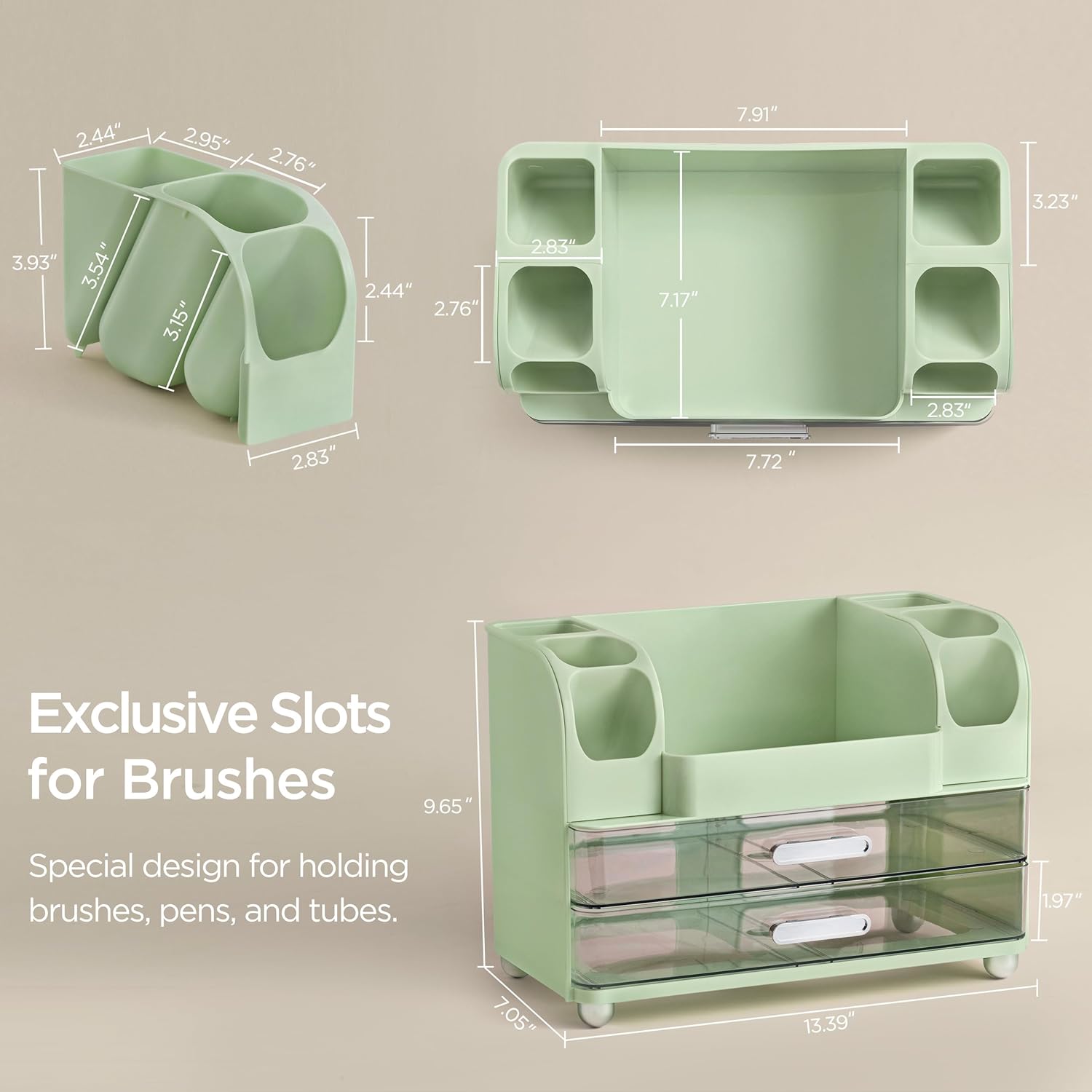 HBlife Makeup Organizer for Vanity with Brush Holder, Large Bathroom Countertop Cosmetic Organizer Skin Care Storage, Easy to Store Lipsticks, Nail Polishes, Perfumes, Eyeshadow Palettes, Green