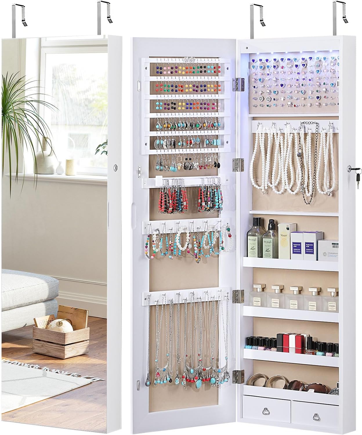 GISSAR Full Length Mirror Jewelry Cabinet, 6 LEDs Jewelry Armoire Wall Mounted Over The Door Hanging, Jewelry Organizer Storage with Lights Lockable, White Surface with Beige Lining, 14.6" x 47.2"