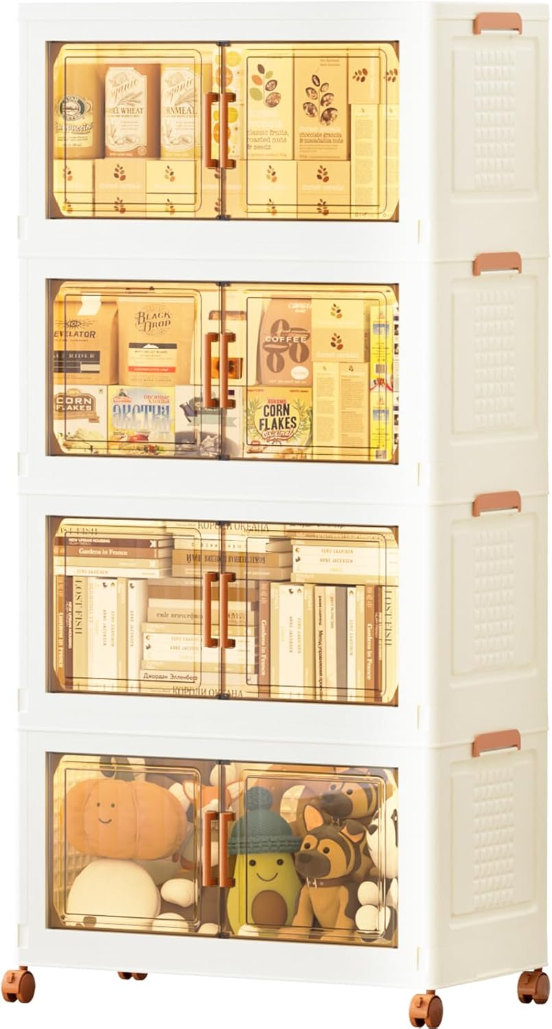 JEKO&JEKO 432 Qt Plastic Storage Bins with Lids, Doors & Wheels, 4 Pack Extra Large Stackable Collapsible Storage Cabinets and Closet Organizers for Home Office, Cream