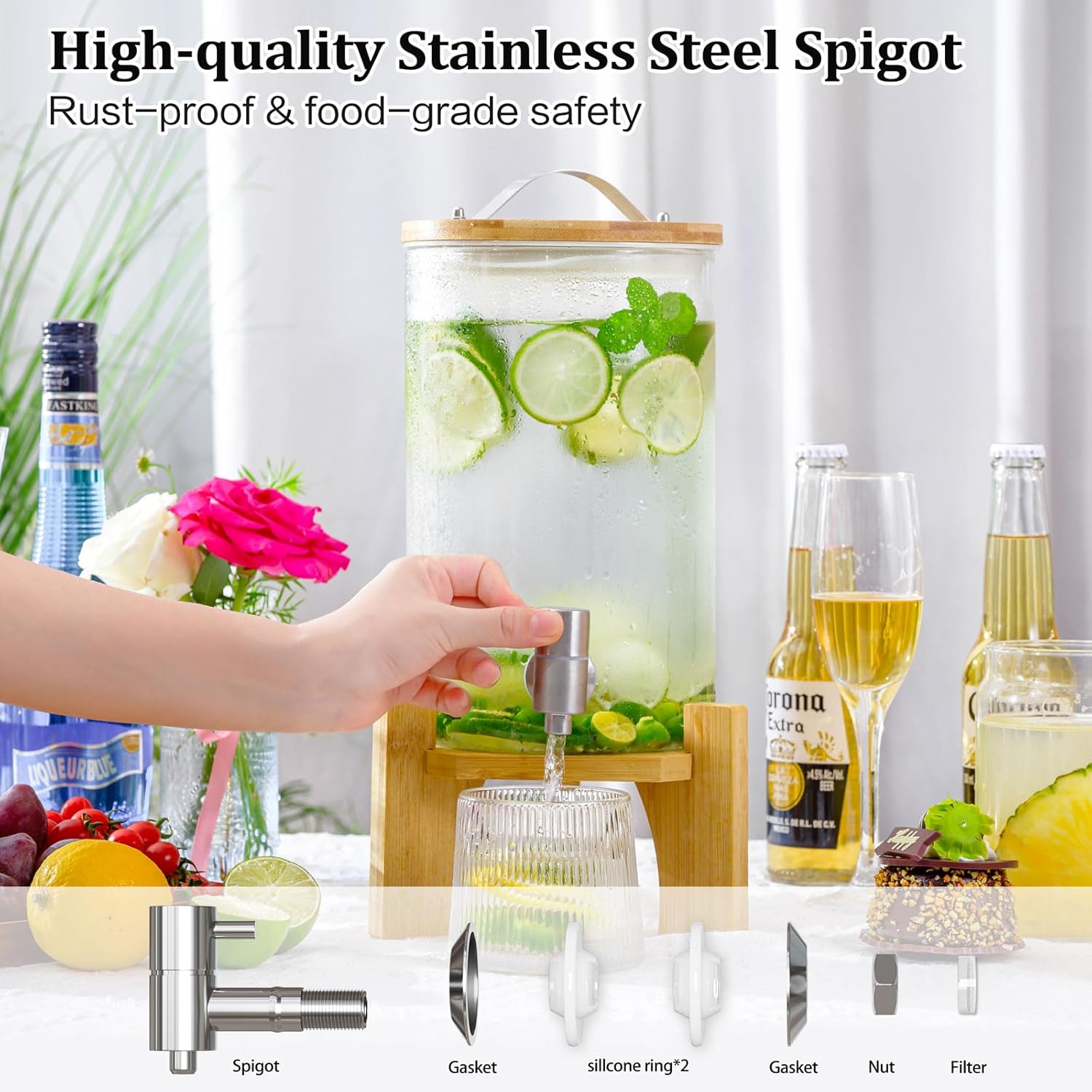 1.2 Gallon Large Glass Drink Dispenser For Parties, Beverage Dispenser with Bamboo Wood Stand and Stainless Steel Spigot, Juice, Lemonade, Water jug dispenser, Laundry Detergent Dispenser (2 PACK)