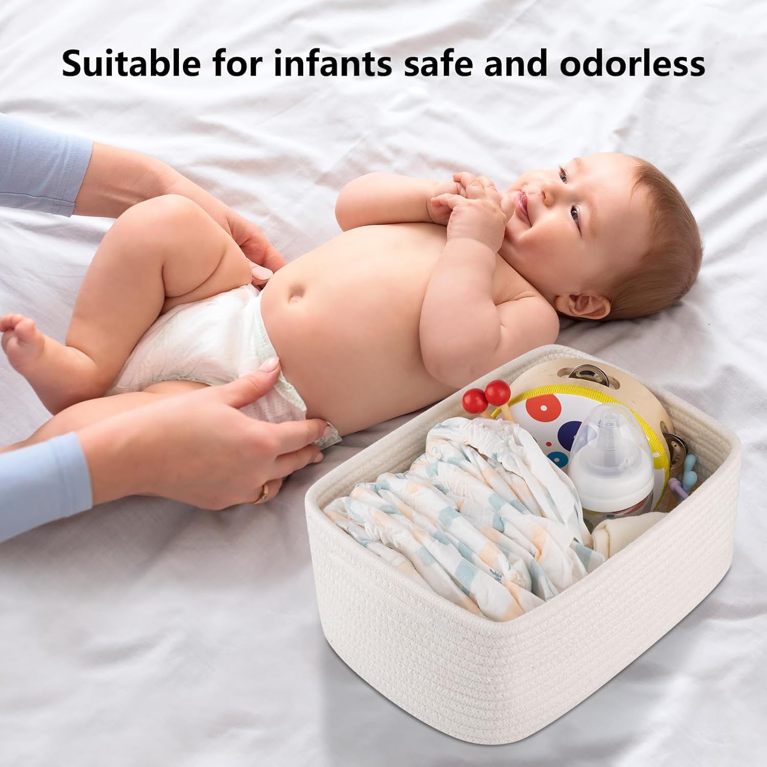 4 Pack Small Storage Shelf Baskets for Organizing, Mini Woven Rope Storage Bins for Towels, Cute Decorative Closet Organizer，Baby Nursery, Gift Empty Baskets -11.81''Lx7.87''Wx4.72''H-White