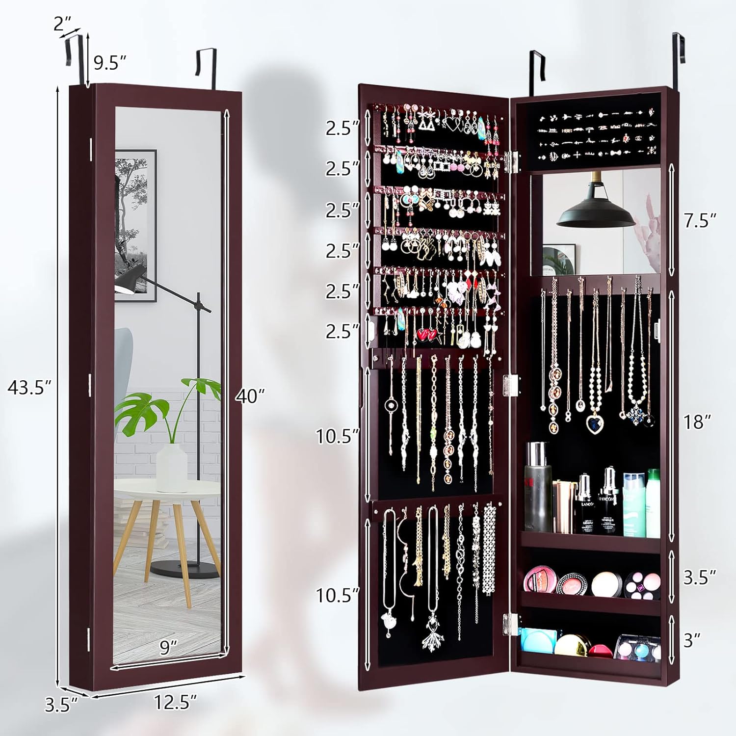 COSTWAY Full Length Mirror Jewelry Cabinet, Wall Door Mounted Jewelry Organizer with Makeup Mirror, Ring Slots and Necklace Hooks, Large Storage Jewelry Armoire for Bedroom, Dressing Room (Brown)