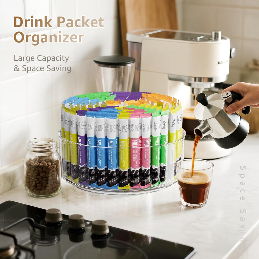Rotating Drink Mix Organizer, Clear Lazy Susan Turntable for Powder Packet, Water Packet, Water Flavor Packet, Divided Drink Packet Organizer