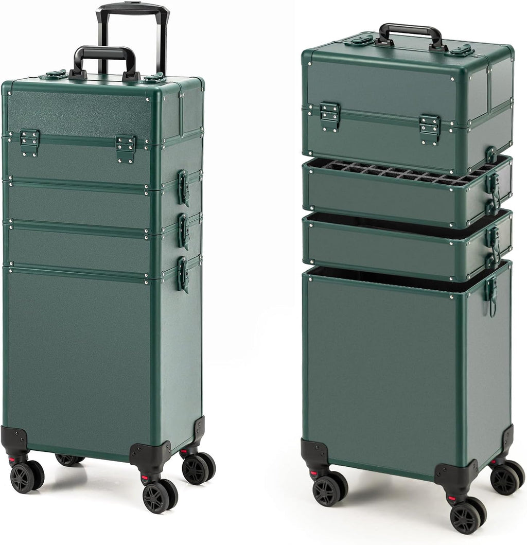 Leeora&Leekoo Portable Multi-Storey Nail Case for Nail Tech Organizer - Wheels Makeup Case Organizer, Cosmetic Case, Makeup Train Case, Make Up Case (Green)