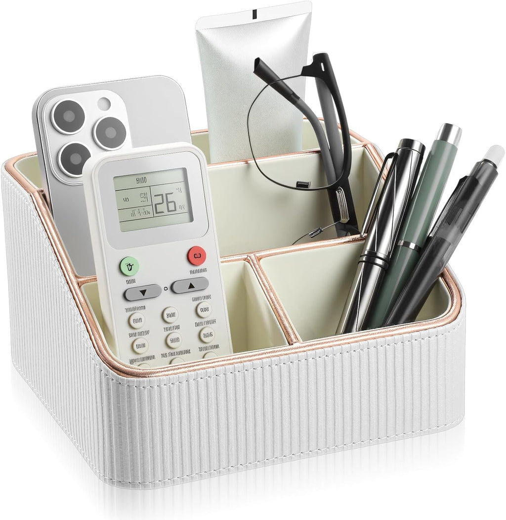 1 Pieces Remote Control Holder with 4 Compartments, PU Leather Small Nightstand Organizer for Home Desk Accessories Office Supplies, Multifunctional Stylish Small Bedside Desktop Organizers (White)