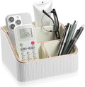 1 Pieces Remote Control Holder with 4 Compartments, PU Leather Small Nightstand Organizer for Home Desk Accessories Office Supplies, Multifunctional Stylish Small Bedside Desktop Organizers (White)