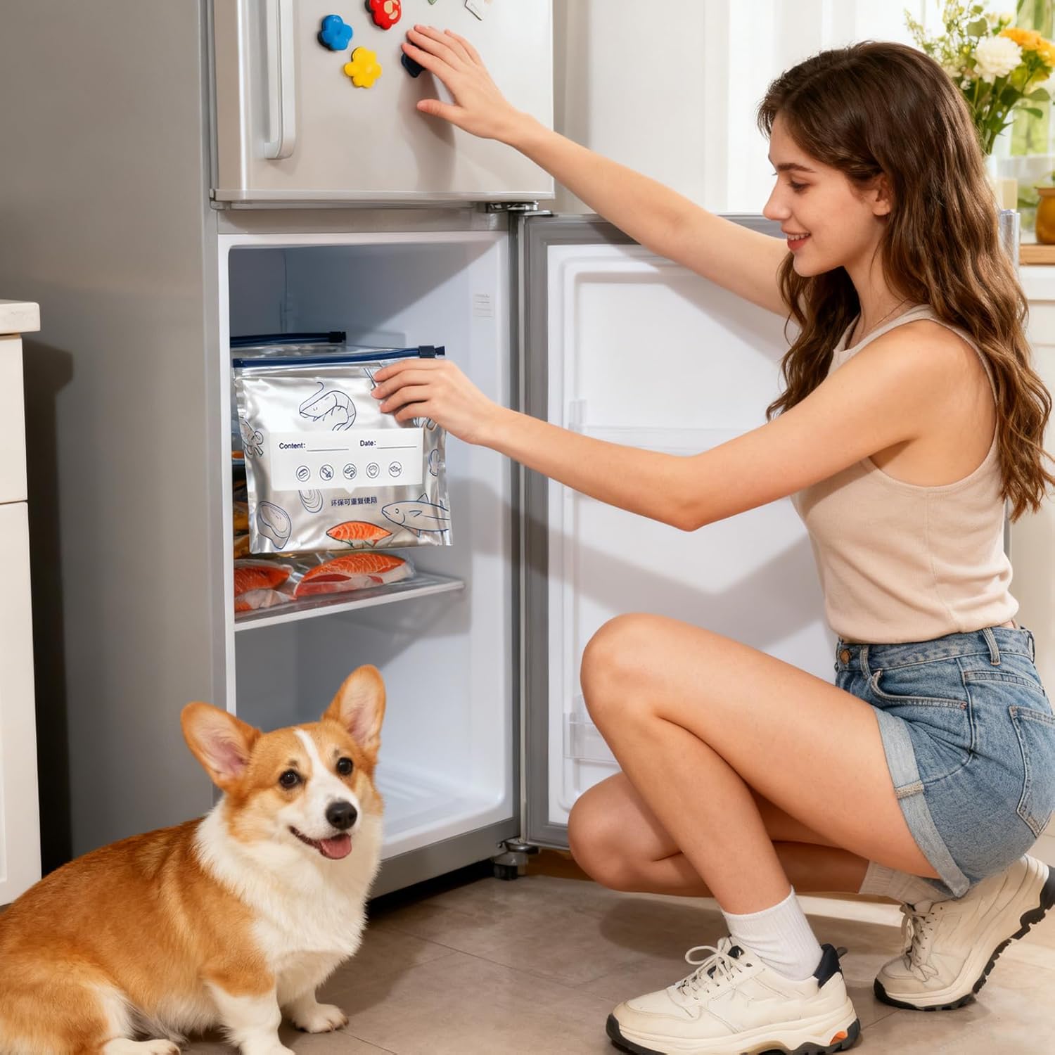 Foil Bags for Food - Stand Up Zip Lock Storage, Aluminum Freezer Pouches with Freshness Keeping Feature, Reusable Kitchen Organizer with Meal Prep Details, Packaging Bags for Vegetables Fruits Seafood