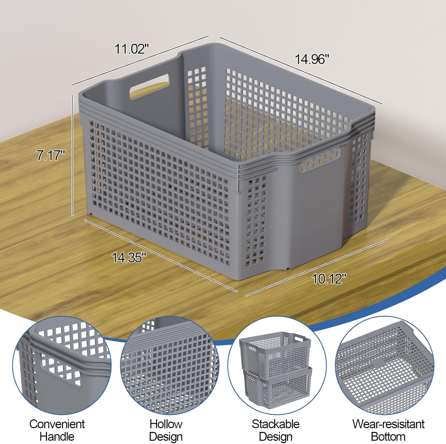 12-Pack Large Plastic Storage Baskets, Deep Stacking Storage Basket Bin, Open Cupboard Basket for Pantry, Grey