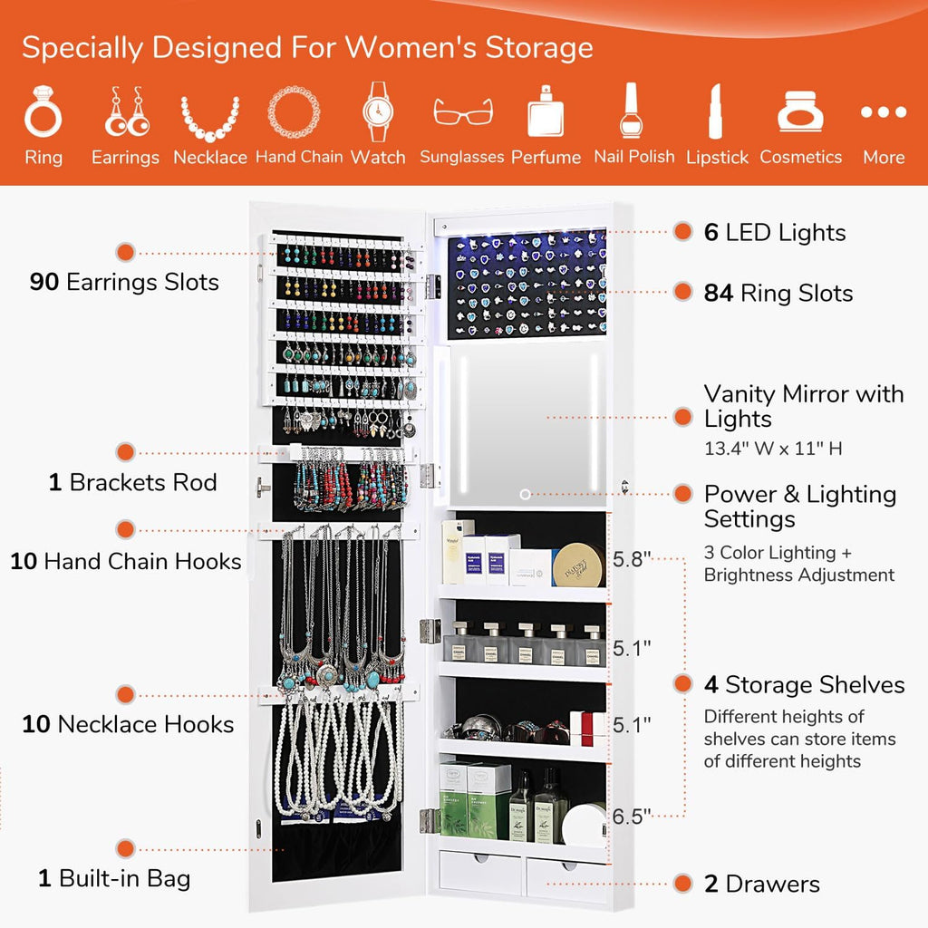 GISSAR Mirror Jewelry Cabinet, LED Wall Door Mount Full Length Jewelry Armoire with Makeup Mirror and Jewelry Storage, Large Capacity Lockable Jewelry Organizer, Vanity Mirror with Lights, White