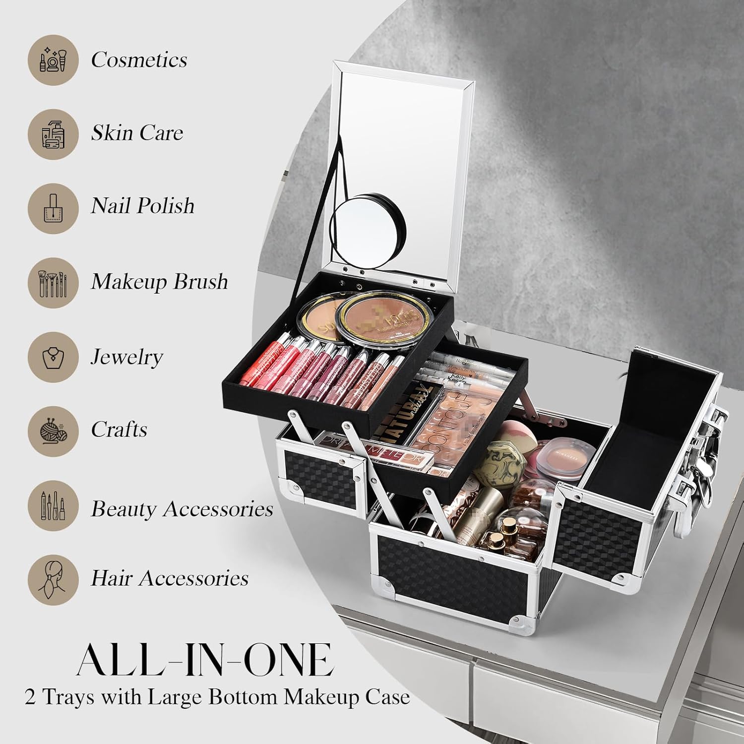 Joligrace Makeup Box Cosmetic Train Case Portable Makeup Organizer Case with Mirror 2 Tray Make up Storage Case for Nail Teach Craft Sewing Travel Vanity Modern Style Black