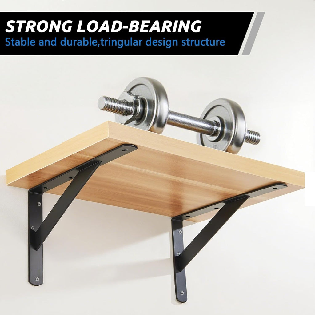 10 Pack L 6" x H 4" Heavy Duty Shelf Brackets with Screws Open Floating Shelving Bracket L Brackets Black Metal Shelf Brackets for Shelves, Room, Pantry,Garage