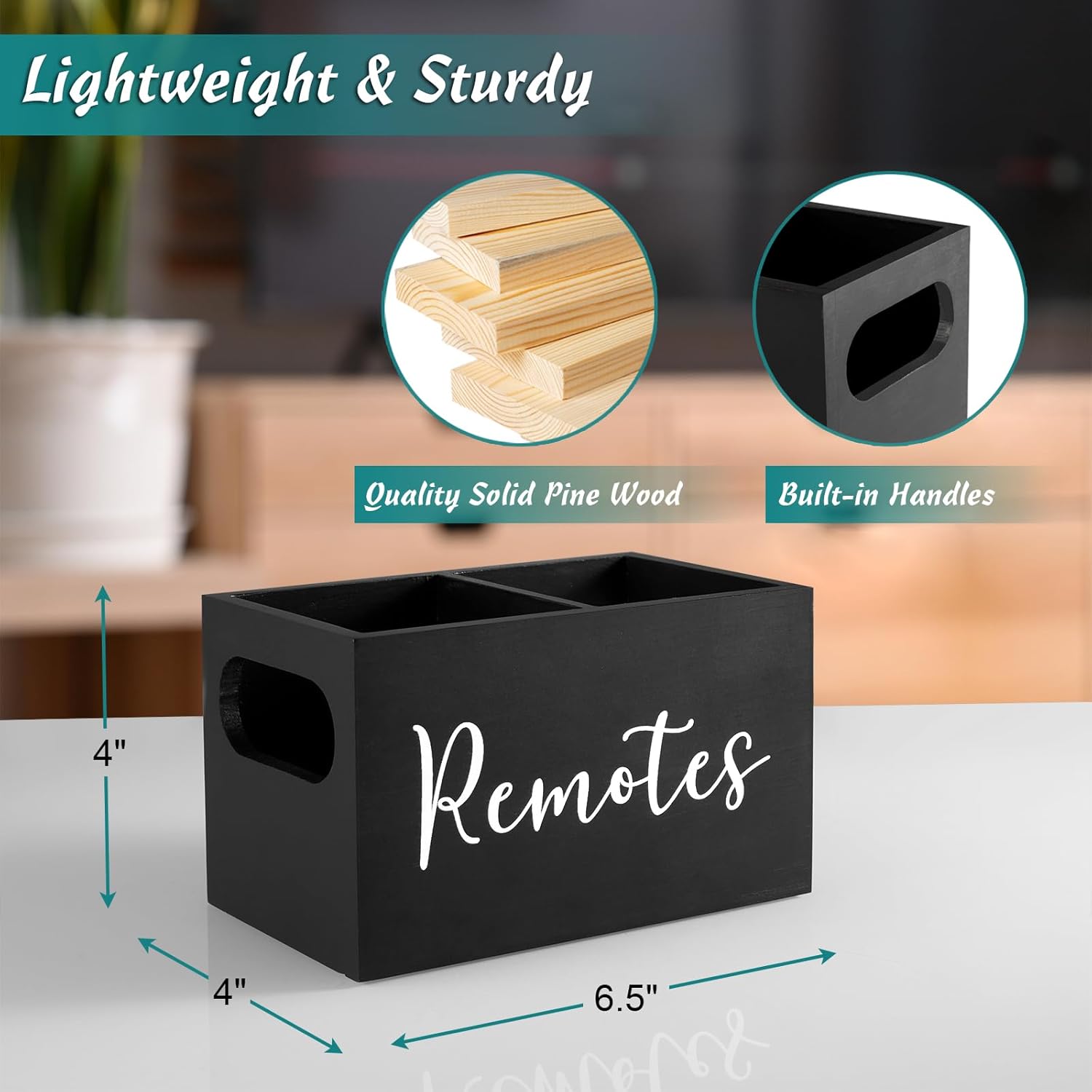 DRASTAR Remote Control Holder, TV Remote Holder, Remote Organizer Caddy for Table, Wooden Remote Box for Nightstand, Black Remote Caddy with 2 Slots