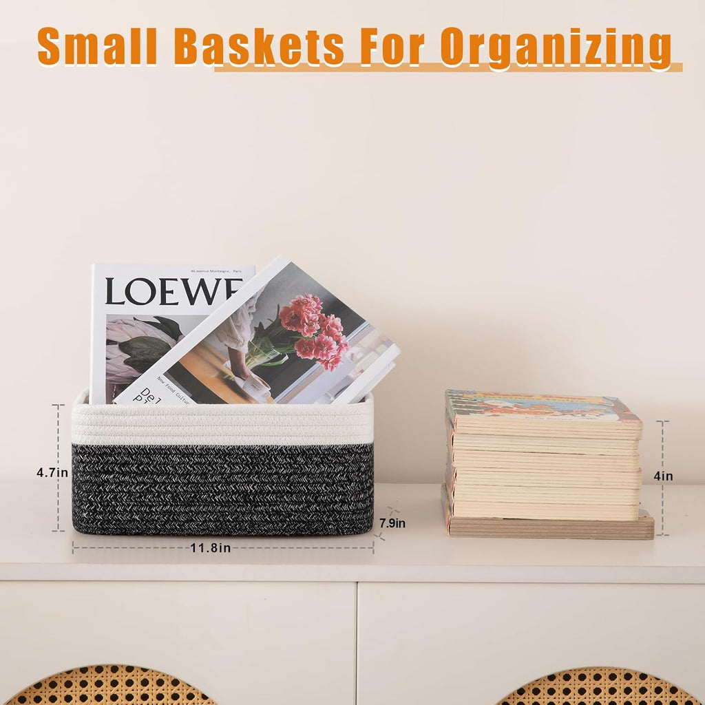 OIAHOMY 4 Pack Storage Baskets for Organizing, Small Bins for Shelves, Cute Decorative Storage Bins, Organizer Baskets for Gifts Empty, 11.8''Lx7.8''Wx4.7''H, Black/White