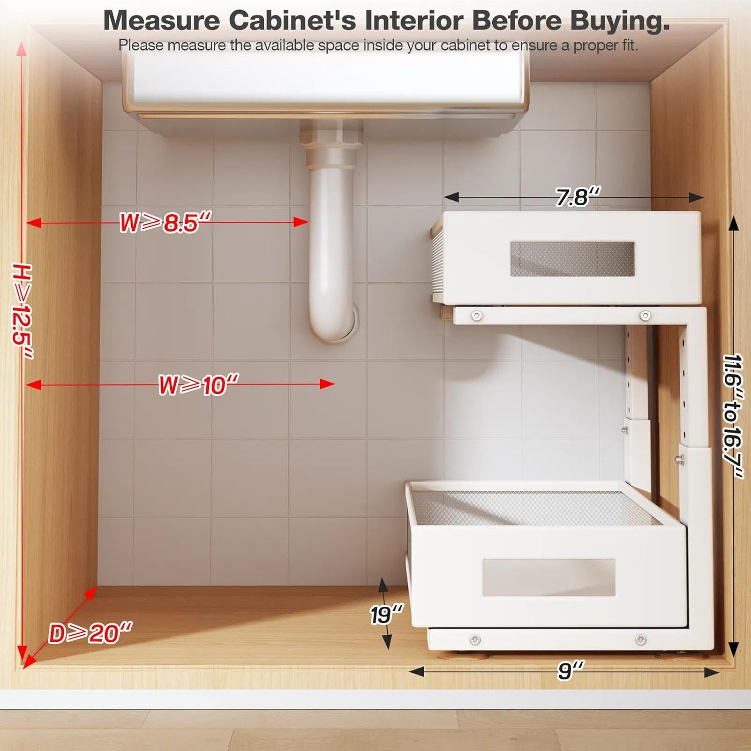1 Pack 19IN Depth Under Sink Organizer, 2-Tier Pull Out Cabinet Organizer With Smooth Circular Rail, Large Capacity Metal Mesh Sliding Drawers For Bathroom& Kitchen Storage,Height Adjustable –White