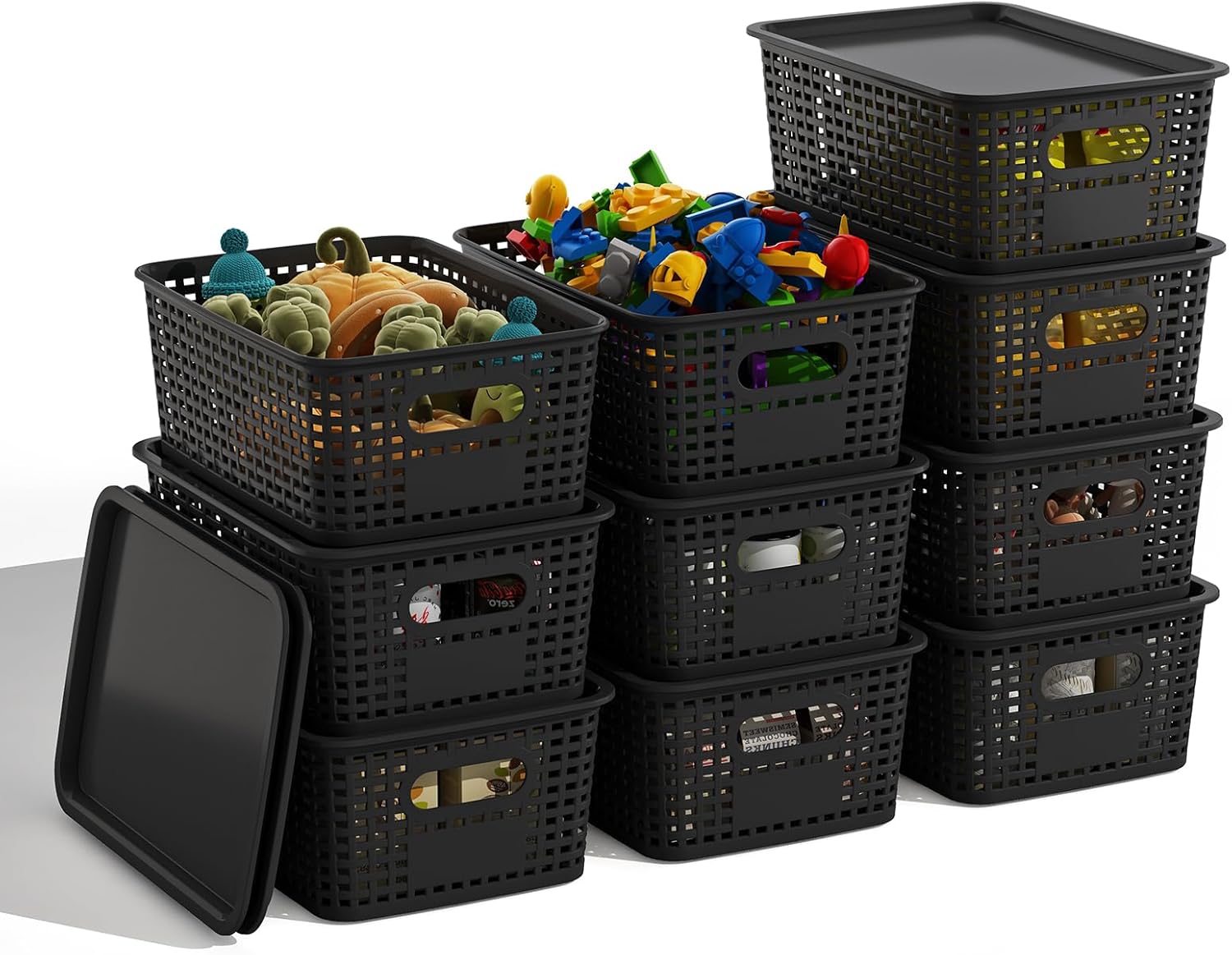 Black Plastic Storage Baskets with Lids 10 Pack Stackable Storage Bins Containers for Shelves Organizing, Cute Decorative Storage Boxes for Classroom, Playroom, Closet, Pantry