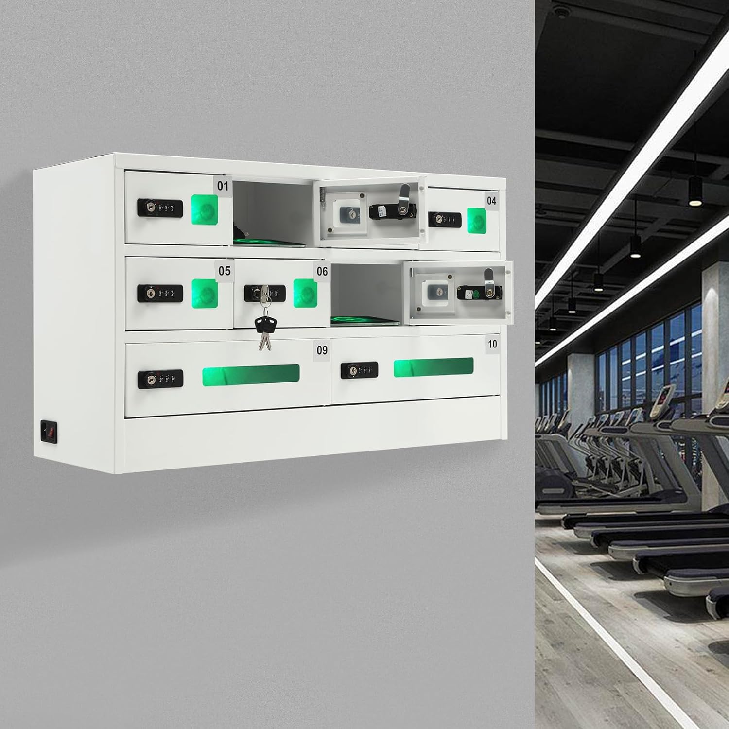 10 Slots Cell Phone Charging Station, Fast Charge Mobile Phone Locker Cabinet with Acrylic Window and 3-in-1 Cable, Combination Lock iPad mini Storage for Office, Classroom (10-Slot)