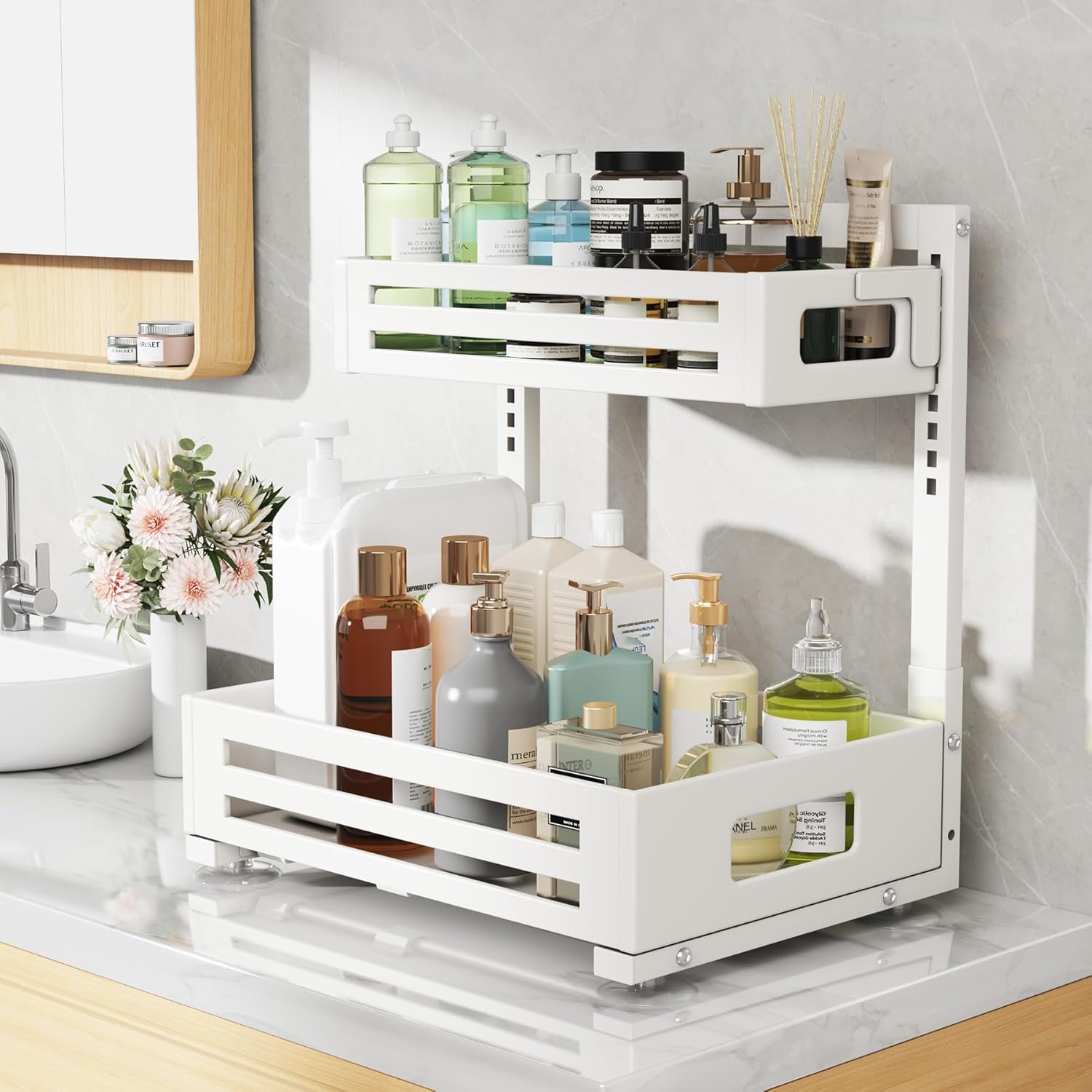 1 Pack Under Sink Organizer,Pull Out Cabinet Organizer with Smooth Cylindrical Rail,Metal Slide Out Drawer for Kitchen Bathroom Laundry Cabinet,8-Level Tool Free Height Adjustable-White