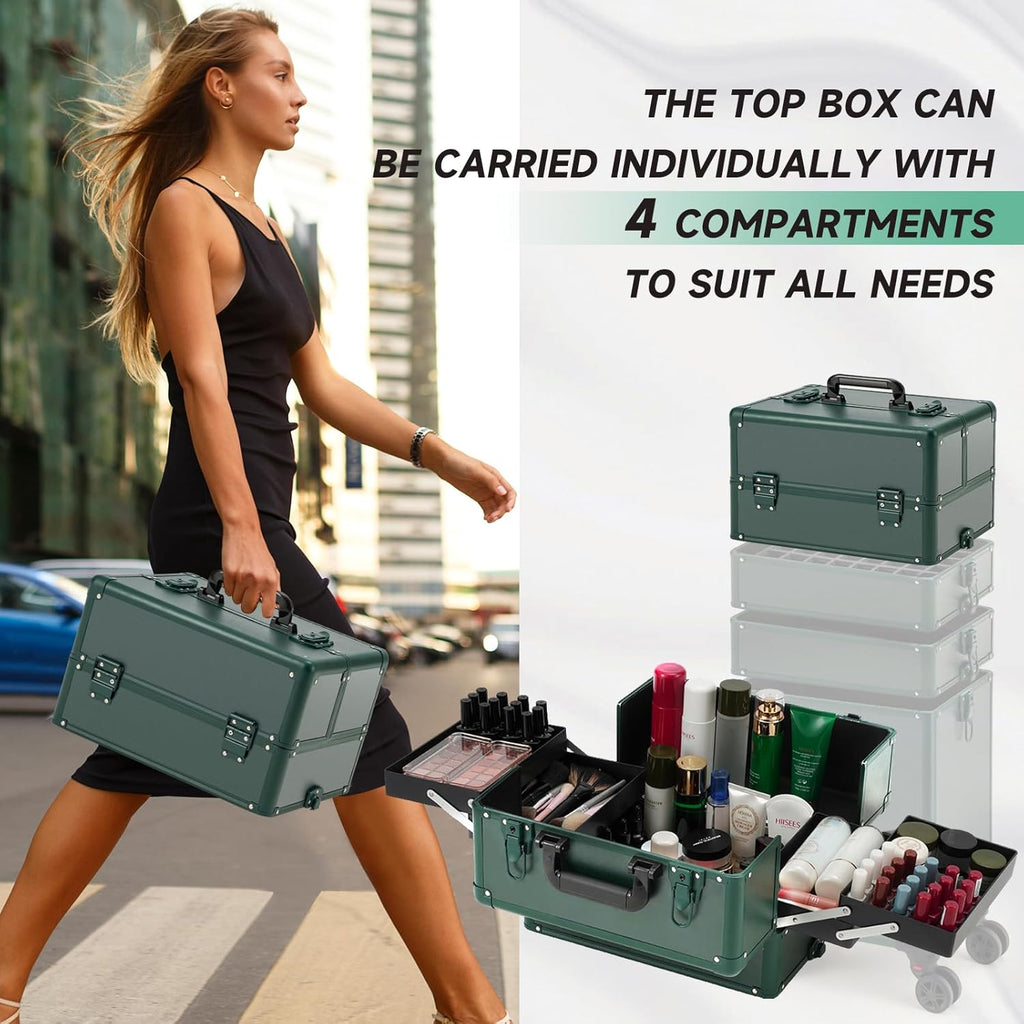 Leeora&Leekoo Portable Multi-Storey Nail Case for Nail Tech Organizer - Wheels Makeup Case Organizer, Cosmetic Case, Makeup Train Case, Make Up Case (Green)