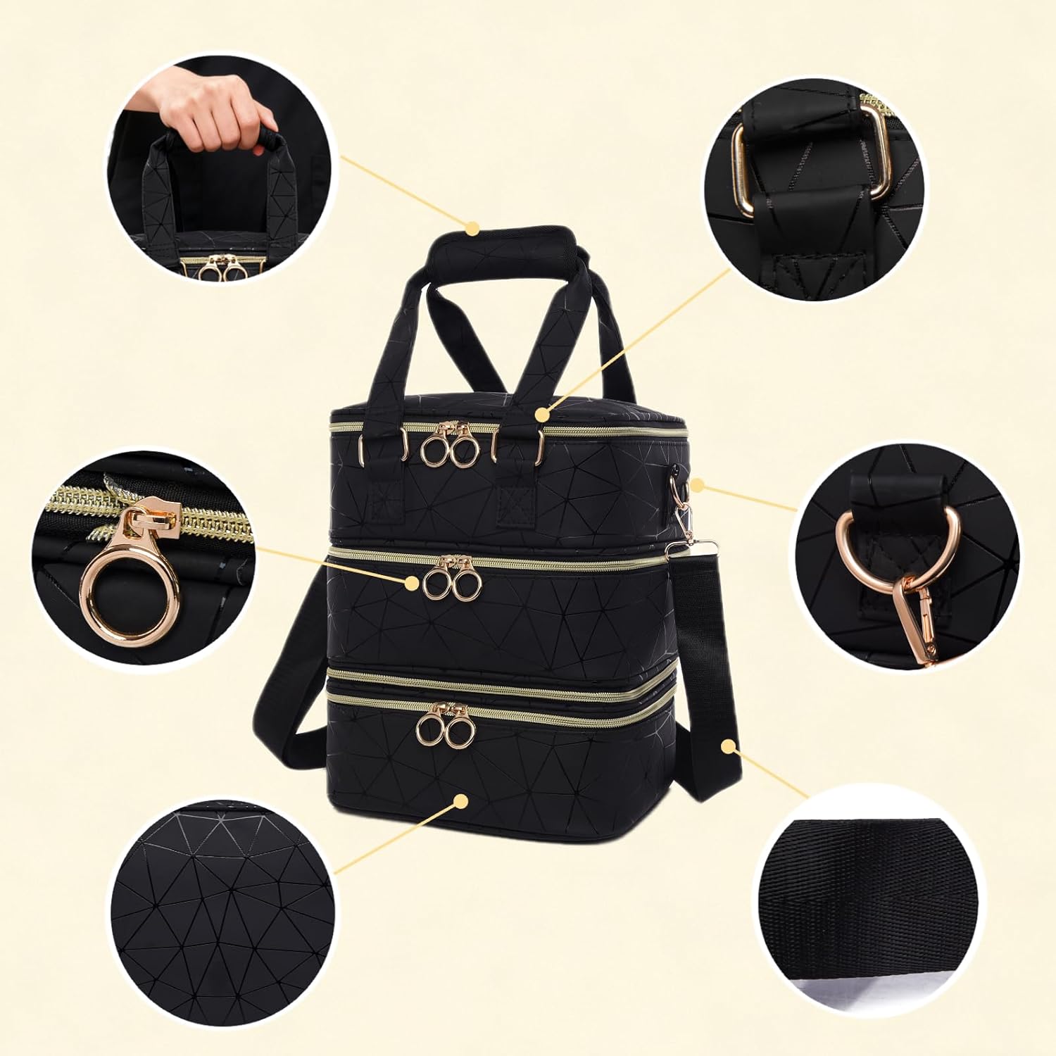 3 Layers Nail Polish Organizer Bag - Holds 60 Bottles,Portable Travel Case with Shoulder Strap,Nail Tech Kit Storage,Versatile Cosmetics Case,Detachable,Waterproof,Gifts for Women