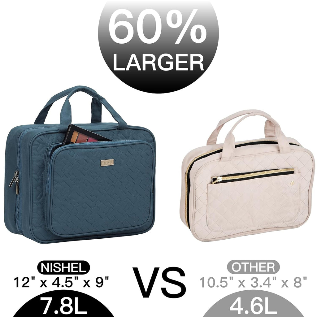 NISHEL Travel Toiletry Bag for Women, Makeup Essentials Organizer, Hanging Case for Accessories, Cosmetics, Large Size, Lake-Blue