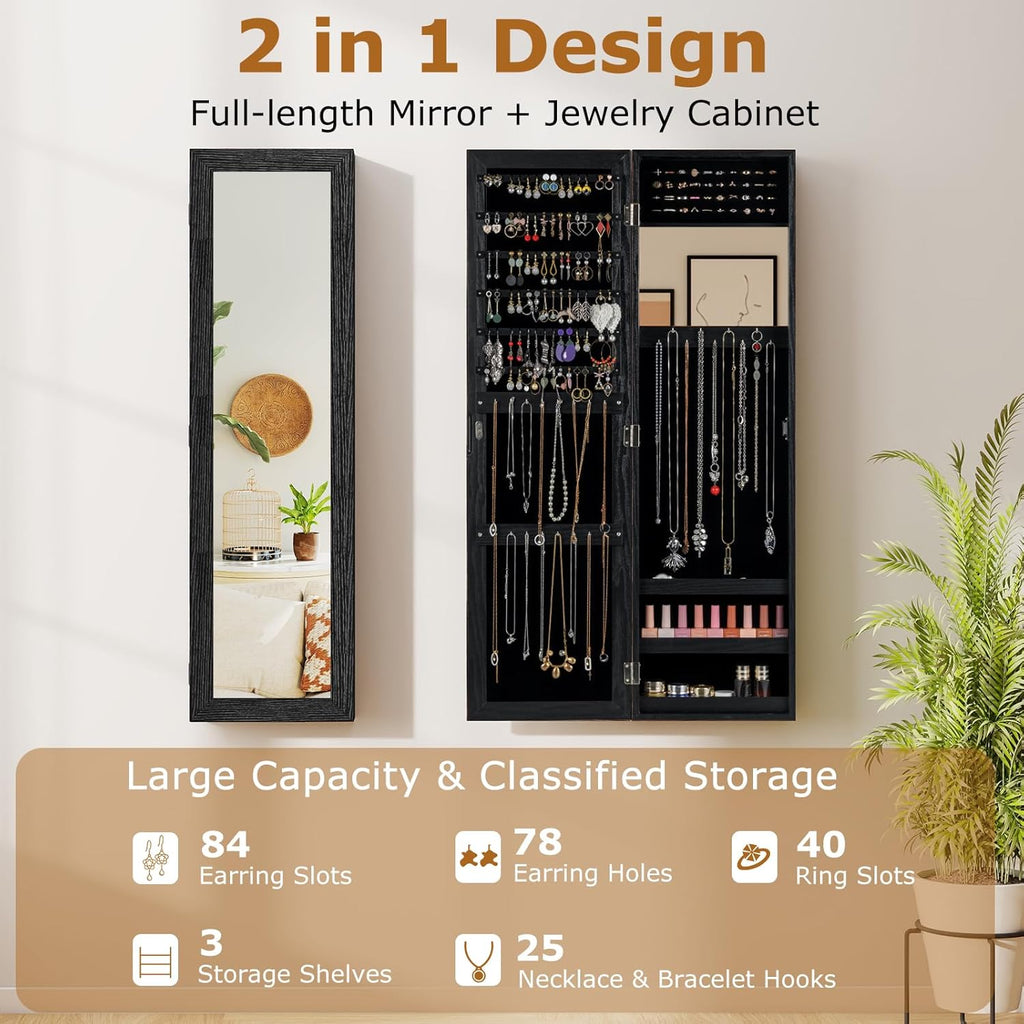 COSTWAY Full Length Mirror Jewelry Cabinet, Wall Door Mounted Jewelry Organizer with Makeup Mirror, Ring Slots & Necklace Hooks, Large Storage Jewelry Armoire for Bedroom, Dressing Room (Black)