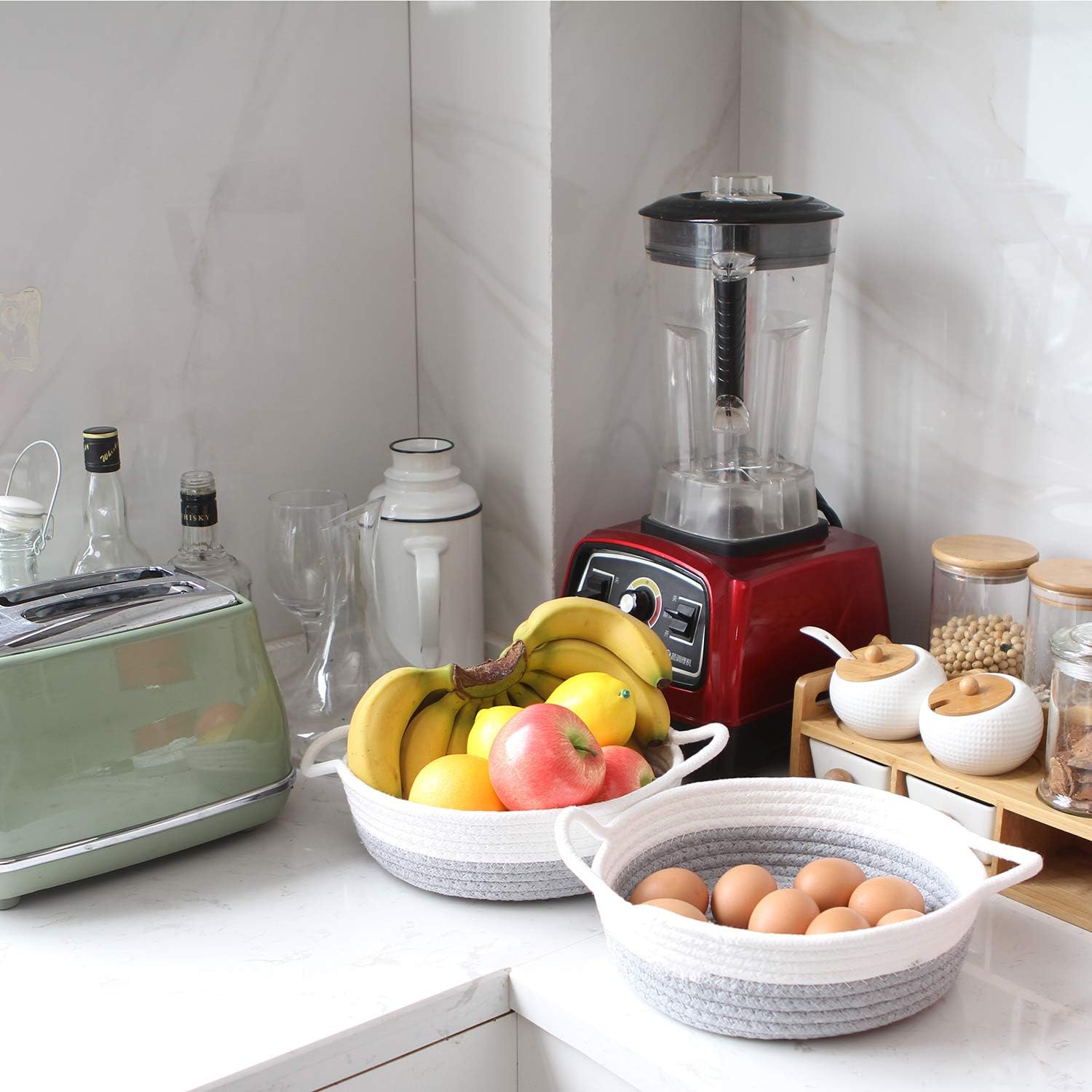 Sea Team 2-Pack Cotton Rope Baskets, 10 x 3 Inches Small Woven Storage Basket, Fabric Tray, Bowl, Round Open Dish for Fruits, Jewelry, Keys, Sewing Kits (Grey & White)