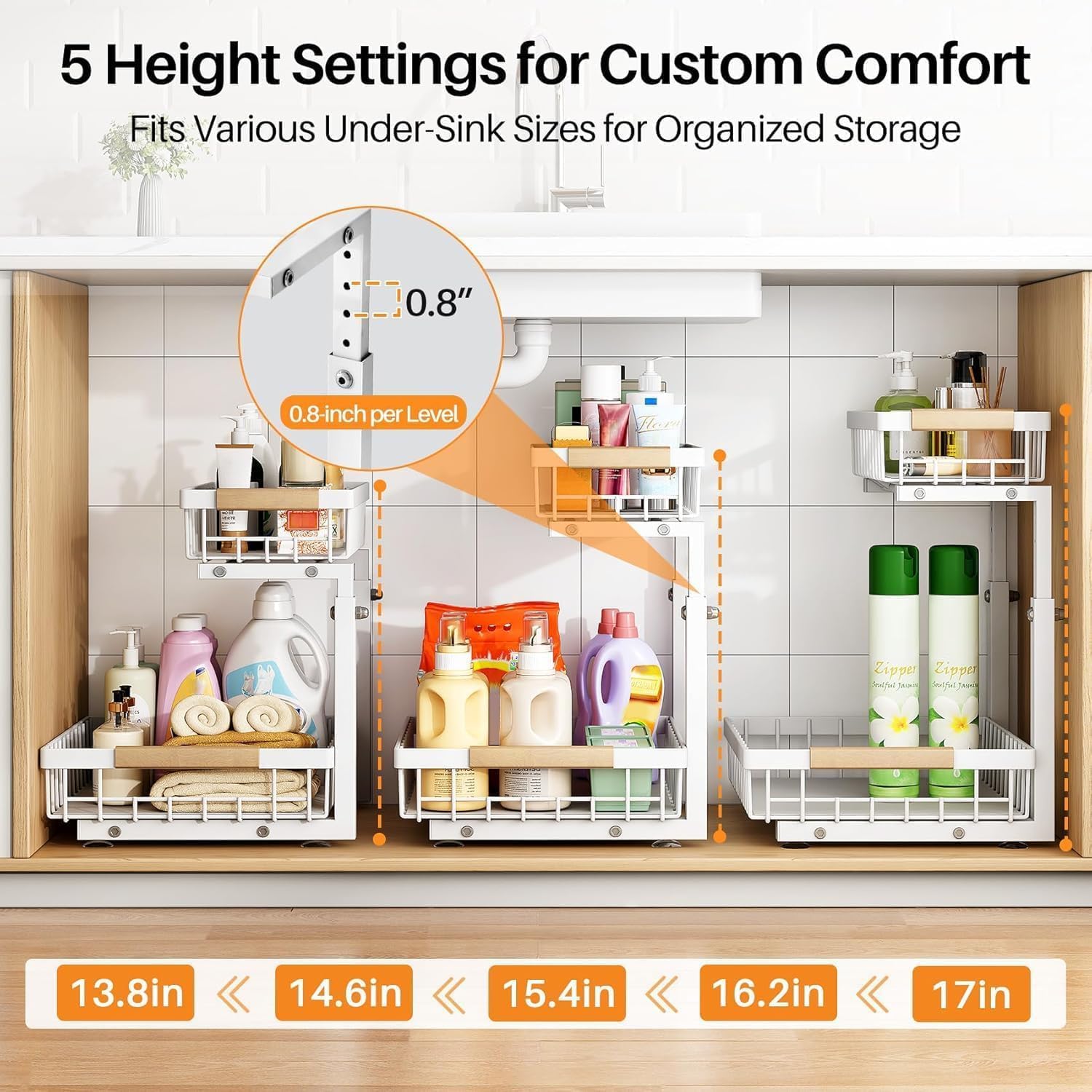 (Small Version)1 Pack Under Sink Organizer,Adjustable Height,2 Tier Pull Out Under Cabinet Organizer,Slide Out Thickened Metal Under Sink Storage for Kitchen Bathroom Laundry Cabinet Pantry,White