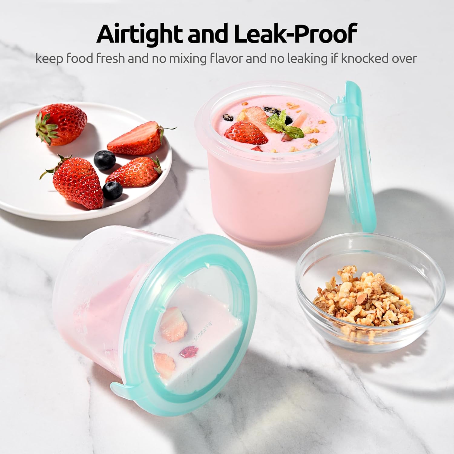 U-Taste 1 Cup Silicone Food Container: Small Kitchen Storage with Airtight Lid, Freezer & Microwave Safe, Fruit Box with Date Marking Circle, Clear Stackable for Meal Prep Portion (Set of 2, Aqua Sky)