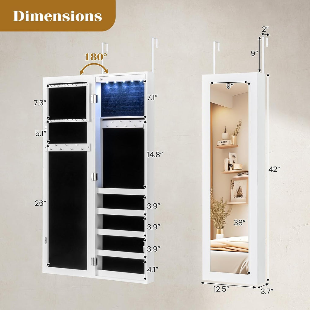 5 LEDs Mirrored Jewelry Cabinet Wall Mounted or Door Hanging, 42” Jewelry Box Armoire with Full Length Mirror, 2 Drawers & Shelves, Over the Door Jewelry organizers and Storage (White)