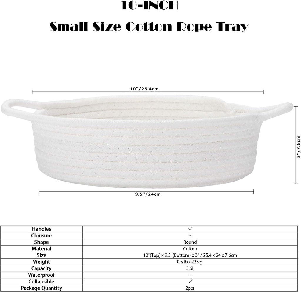 Sea Team 2-Pack Cotton Rope Baskets, 10 x 3 Inches Small Woven Storage Basket, Fabric Tray, Bowl, Round Open Dish for Fruits, Jewelry, Keys, Sewing Kits (White)