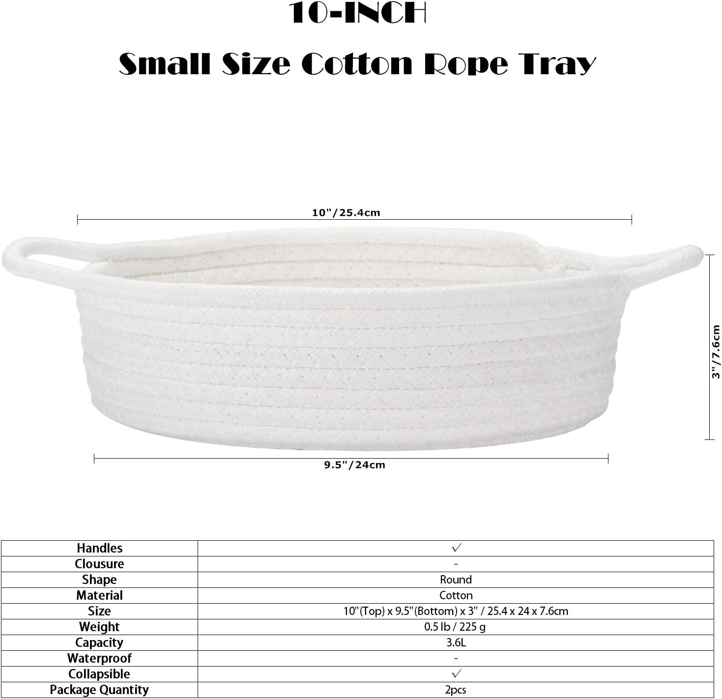Sea Team 2-Pack Cotton Rope Baskets, 10 x 3 Inches Small Woven Storage Basket, Fabric Tray, Bowl, Round Open Dish for Fruits, Jewelry, Keys, Sewing Kits (White)