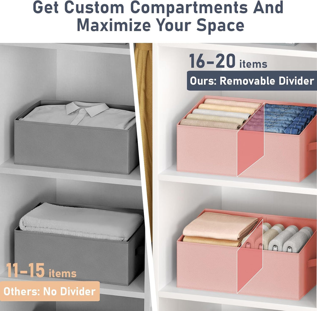 DIMJ Large Closet Shelf Organizer Bins 8 Packs with Handles and Divider, Fabric Trapezoid Storage Baskets, Foldable Clothes Containers Box for Shelf, Towel, Book, Toy, Purse, Hats, Pink