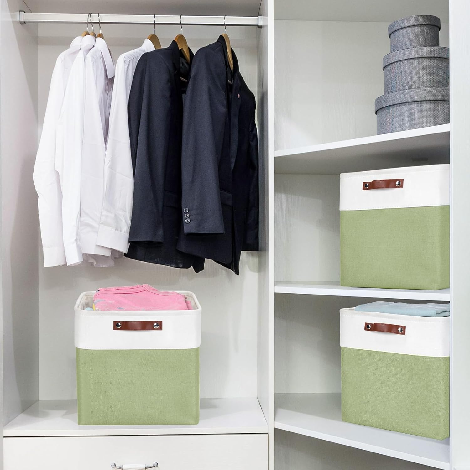 13x13 Cube Storage Bins, Collapsible Fabric Storage Box, 4 Pack Closet Baskets with Handles for Organizing, Shelf, Toys, Clothes, Home, Office, Nursery (Green&White)