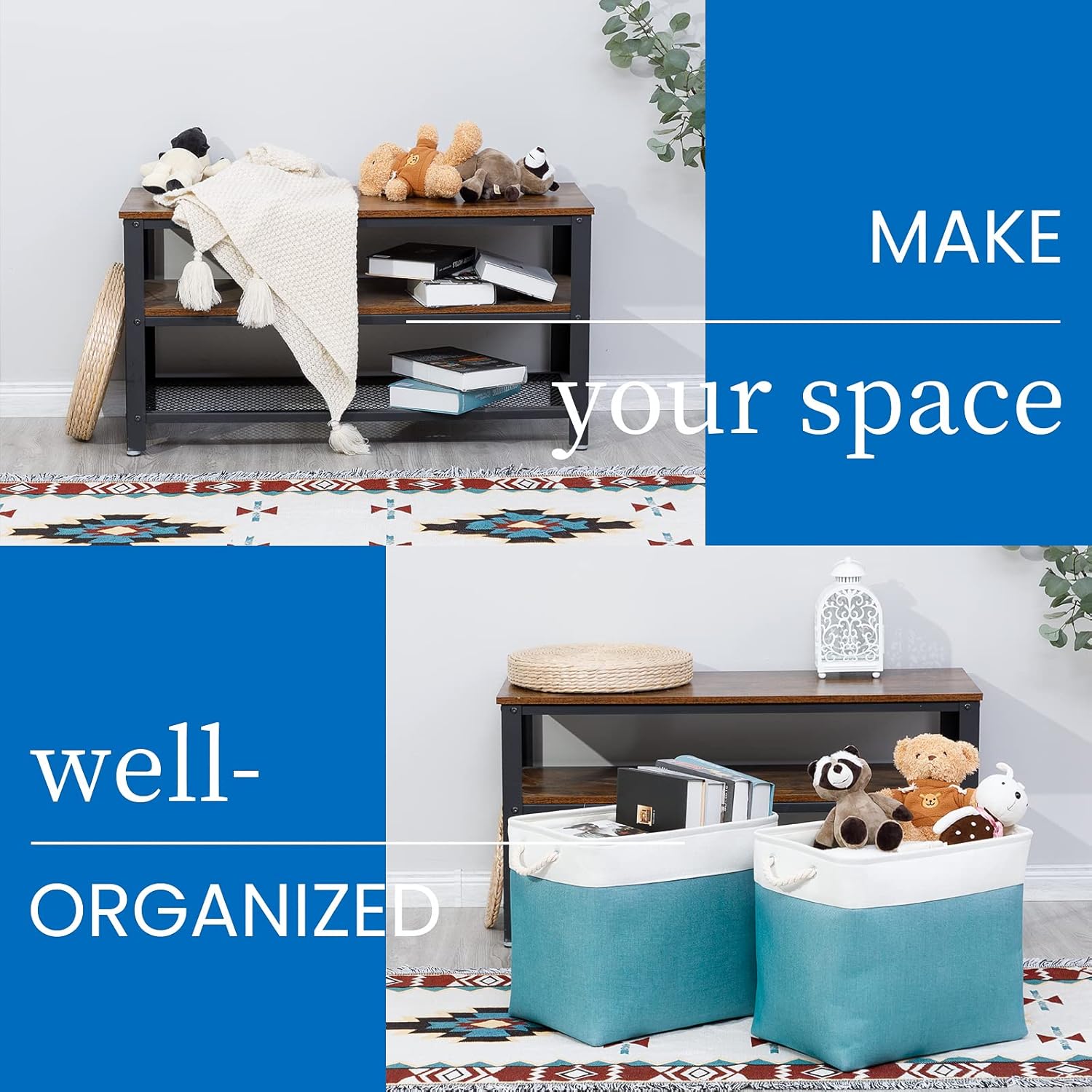 Bidtakay Storage Baskets Extra Large 17x12x15 In Teal Blue Nursery Toy Baskets Fabric Long Shelf Baskets for Organizing Set of 2 Linen Closet Bins for Shelves Decorative Blanket Basket Living Room
