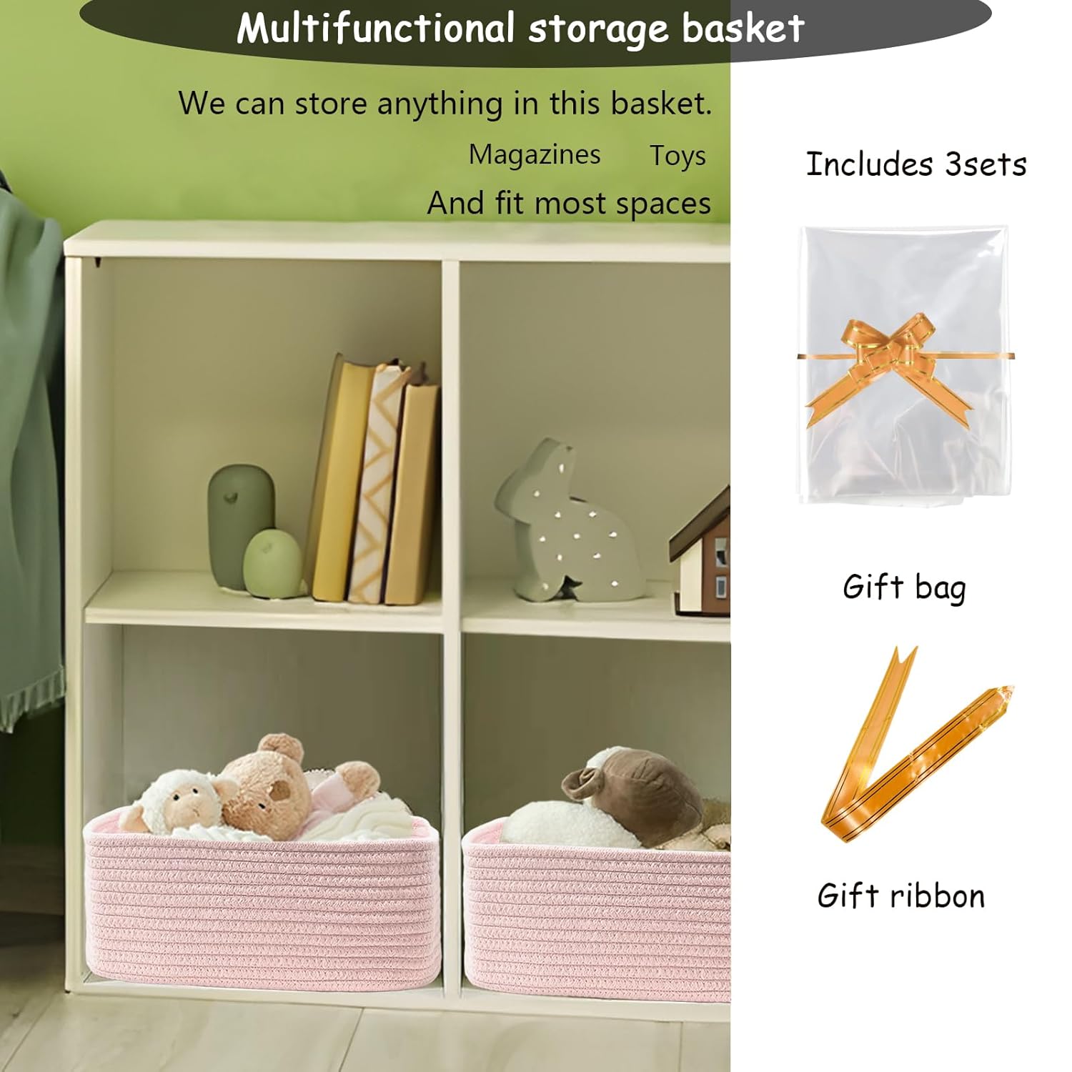 COMFY-HOMI 11.5"x7.5"x4.7" Storage Baskets for Organizing | Cotton Rope Woven Basket | Toy Storage Bin Box | Basket for Shelves, Closet Organizer Bin, Decorative Closet Shelf, 3 Pack, all pink