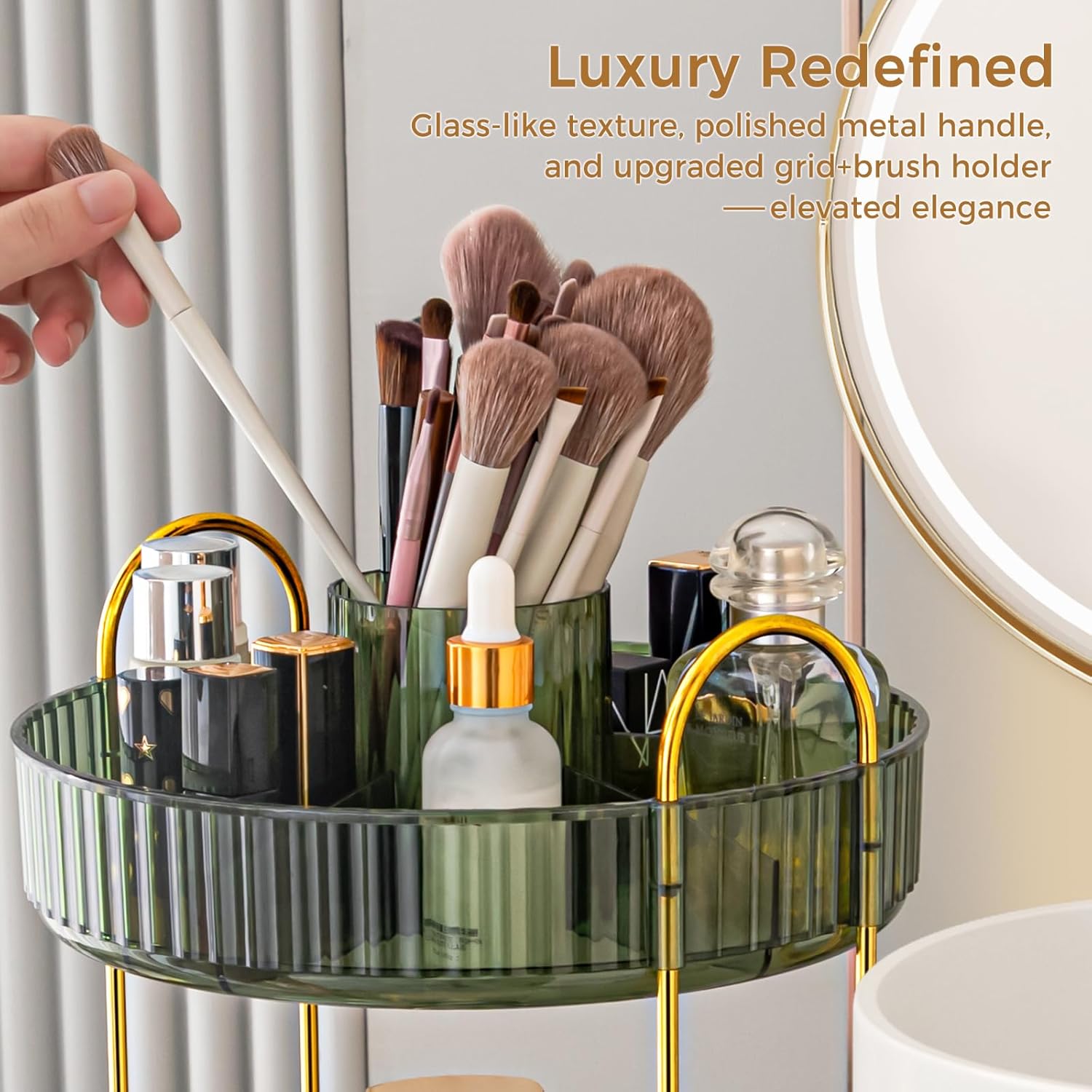 360° Rotating Makeup Organizer, Upgraded 2 Tier Skincare Perfume Organizers for Women, Bathroom Organizer Countertop, Clear Cosmetic Dresser Organizer with Makeup Brush Holder, Sink&Counter (Green)