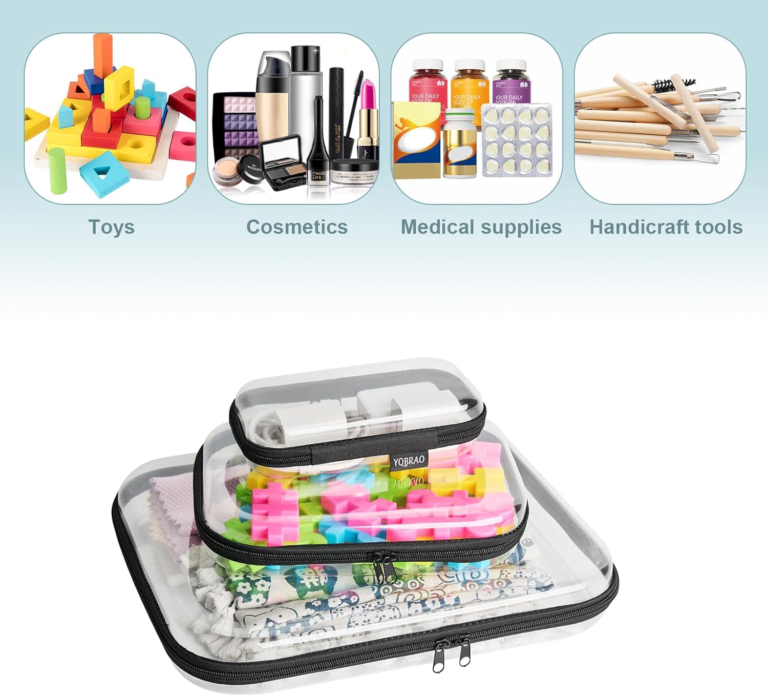 Hard Sided Clear Zipper Case for Storage- Professional-Grade Plastic Clear Zipper Pencil Case,Toy Storage Bins, Toiletry Pouch, Travel Organizer, Cosmetic Bag（Black,3 Pack, LMS）